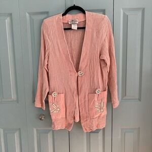 On The Rocks Pink Woven Single Button Cardigan Medium Flower Cute Spring
